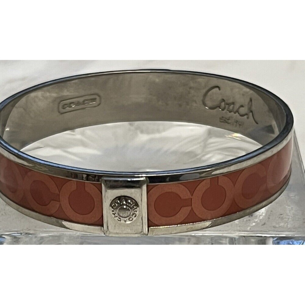 COACH Bangle Bracelet Signature Logo C‎ Orange Enamel Silverplate Stackable